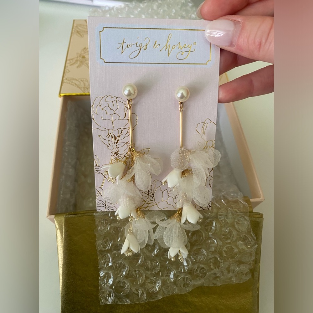 NWT Twigs & Honey Blossom & Silk Dangling Earrings, Bridal, (Style No. 2306)